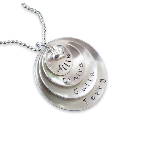Lucky Four Personalized Sterling Silver Domed Necklace with Heart Charm Necklace