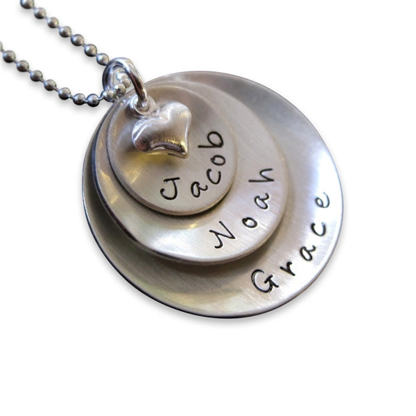 Lucky Three Personalized Sterling Silver Domed Necklace with Heart Charm Necklace