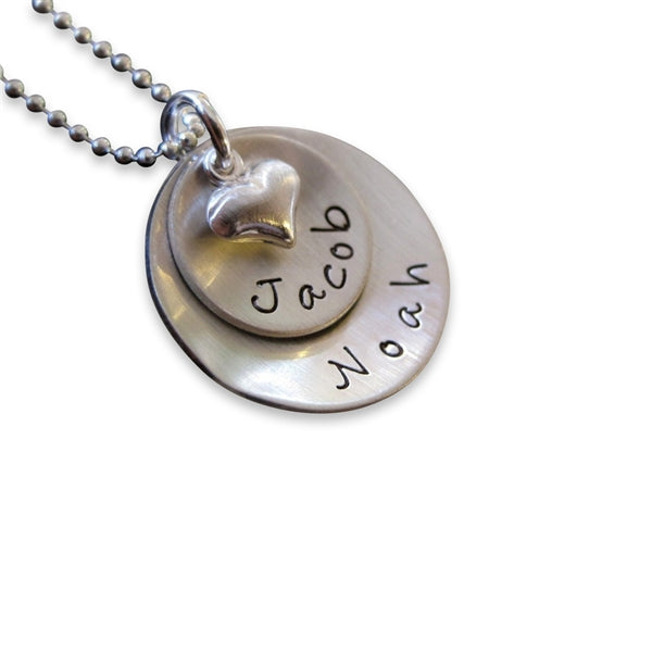 Lucky Two Personalized Sterling Silver Domed Necklace with Heart Charm Necklace