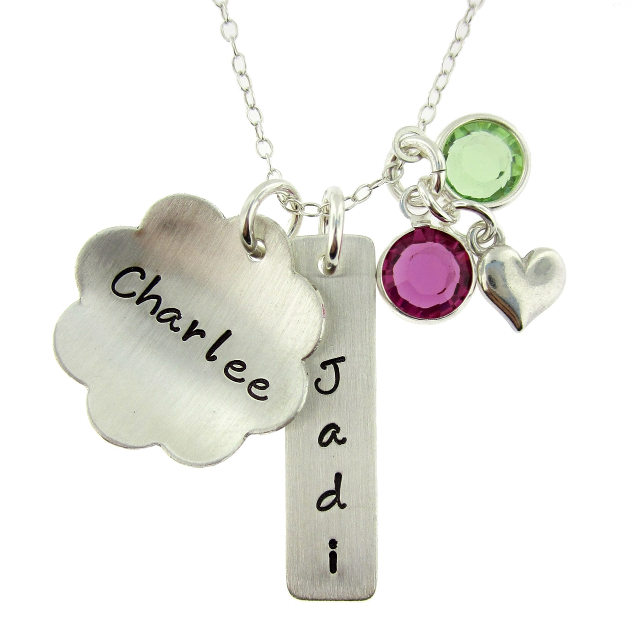 Everlasting Spring Personalized Sterling Silver Flower and Rectangle Charm Necklace