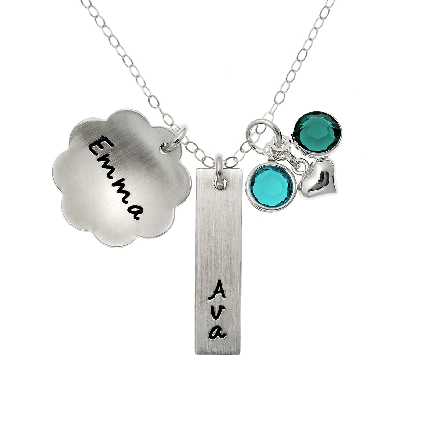 Everlasting Spring Personalized Sterling Silver Flower and Rectangle Charm Necklace