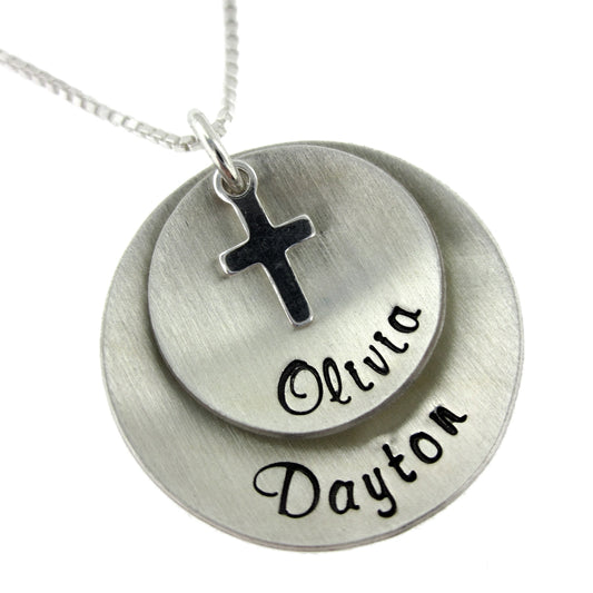 My Two Blessings Personalized Sterling Silver Domed Name Necklace with Cross Charm