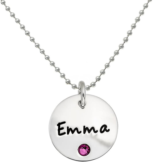 Personalized Sterling Silver Round Name Charm Necklace with Choice of Swarovski Birthstone Setting