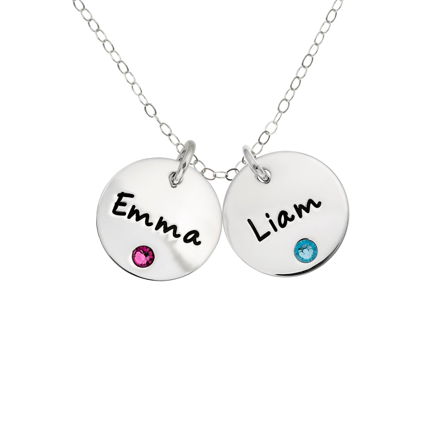 Personalized Sterling Silver Double Round Name Charm Necklace with Choice of Swarovski Birthstone Settings