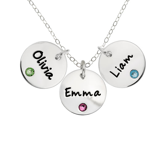 Personalized Sterling Silver Triple Round Name Charm Necklace with Choice of Swarovski Birthstone Settings