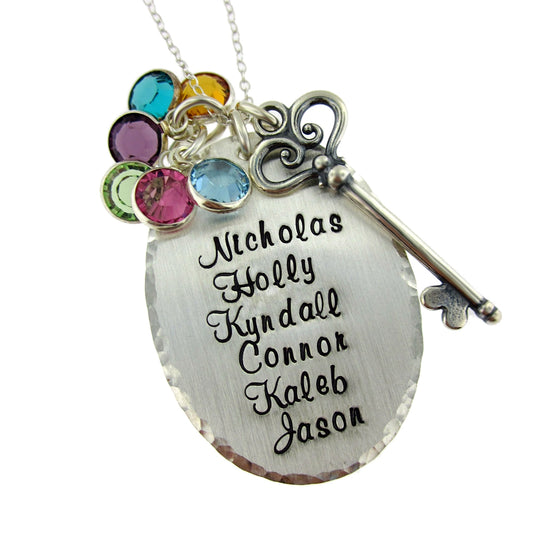 Victorian Key Personalized Oval Edge Hammered Necklace