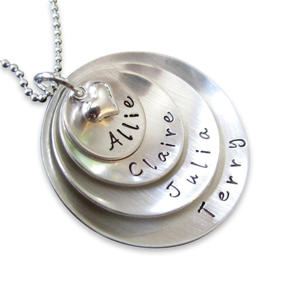 Lucky Four Personalized Sterling Silver Domed Necklace with Heart Charm Necklace