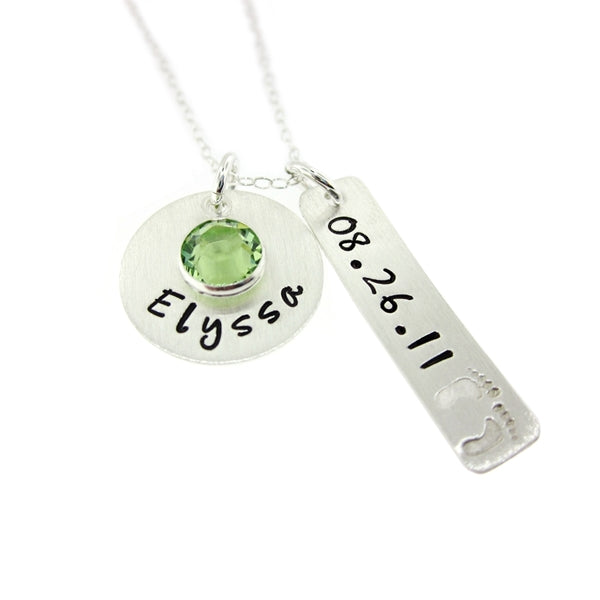 Let's Celebrate! Personalized Sterling Silver Baby Feet Necklace with Birthstone