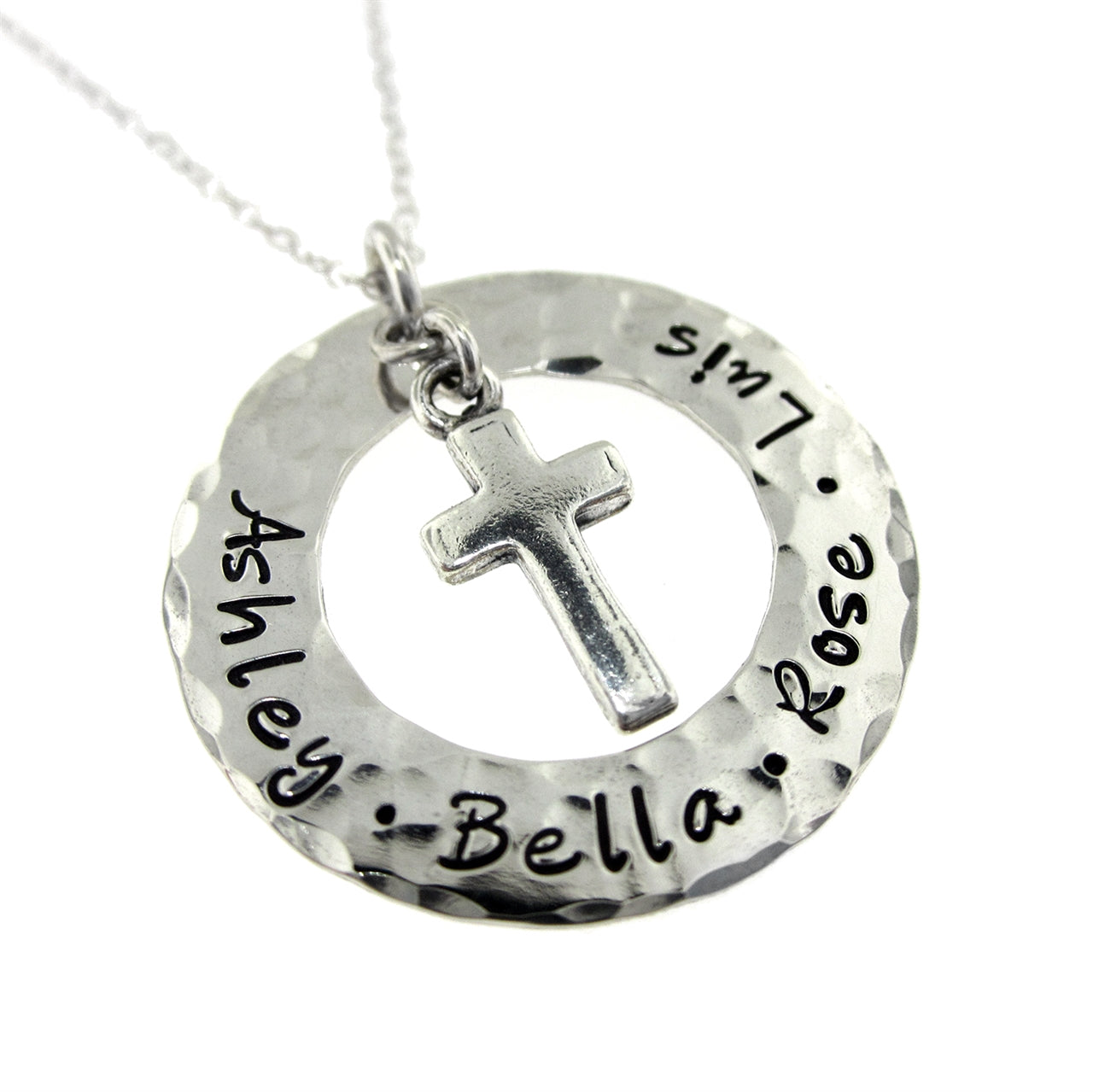 Blessed Personalized Sterling Silver Hammered Washer with Cross Charm