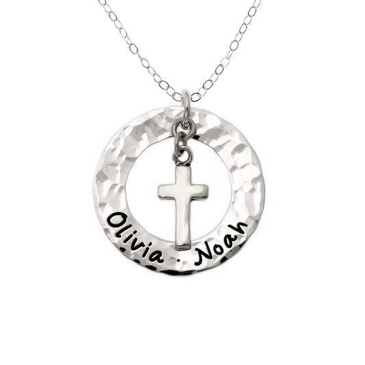 Blessed Personalized Sterling Silver Hammered Washer with Cross Charm