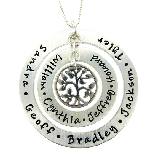 My Family Tree Personalized Sterling Silver Washer with Tree Charm Necklace