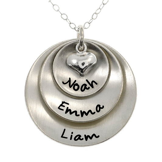 Lucky Three Personalized Sterling Silver Domed Necklace with Heart Charm Necklace