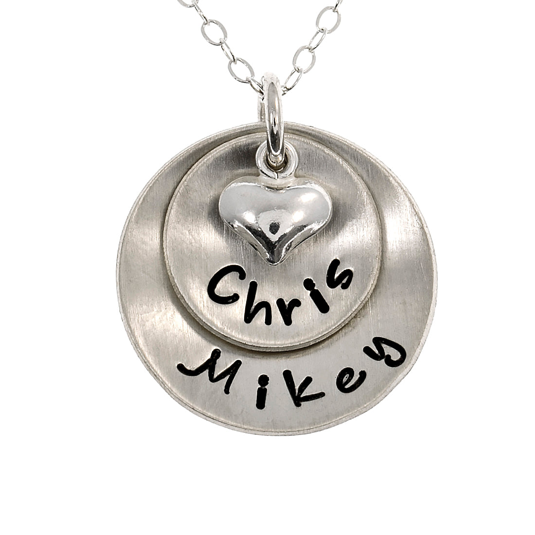Lucky Two Personalized Sterling Silver Domed Necklace with Heart Charm Necklace