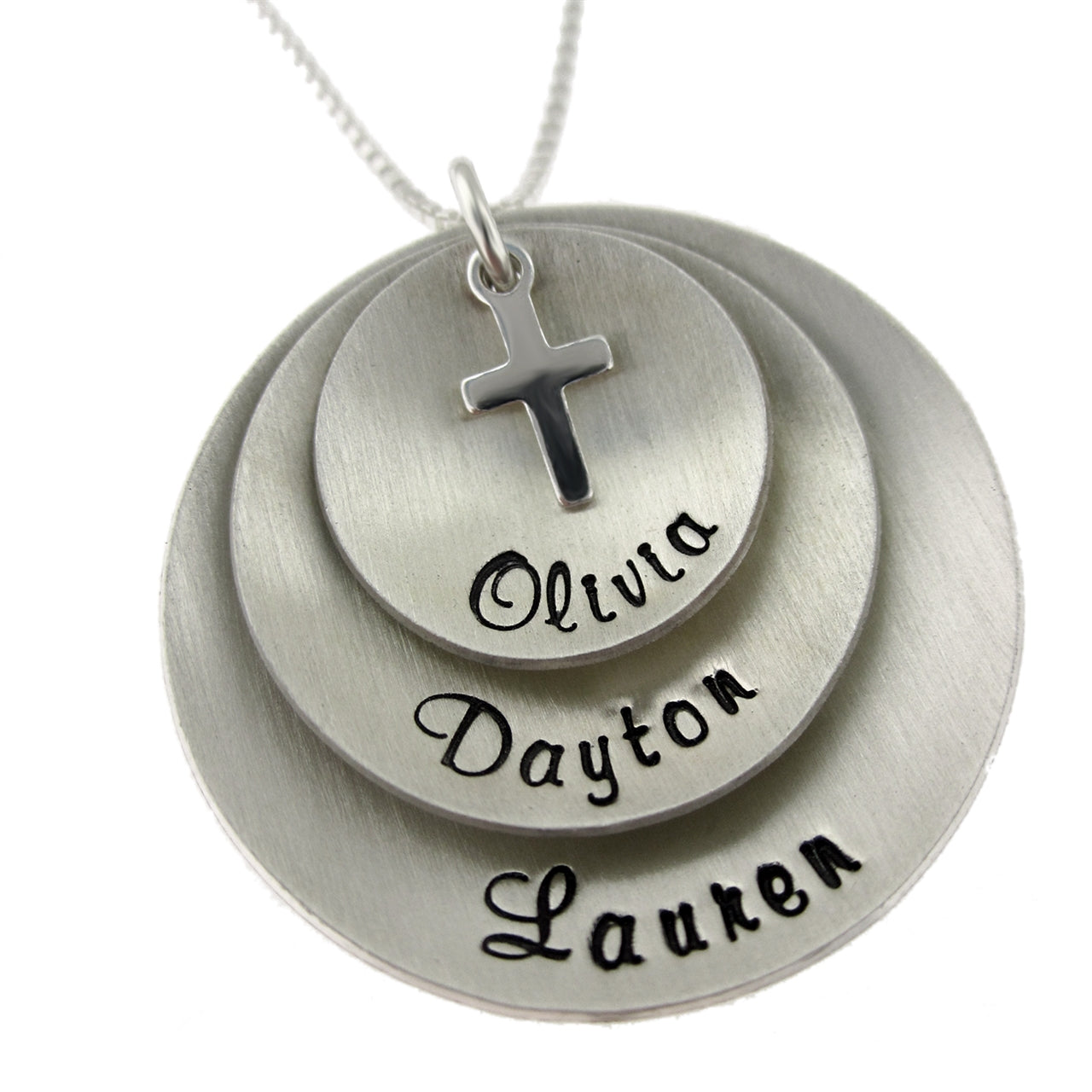 My Three Blessings Personalized Sterling Silver Domed Name Necklace with Cross Charm