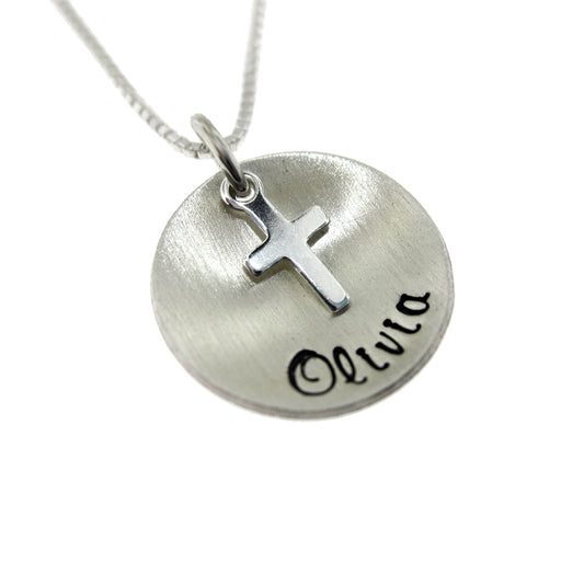 My One Blessing Personalized Sterling Silver Domed Name Necklace with Cross Charm