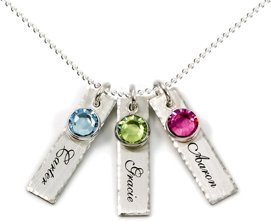 Unity in Three: Personalized Triple Charm Name Necklace with Birthstones for Women, Moms, and Teens
