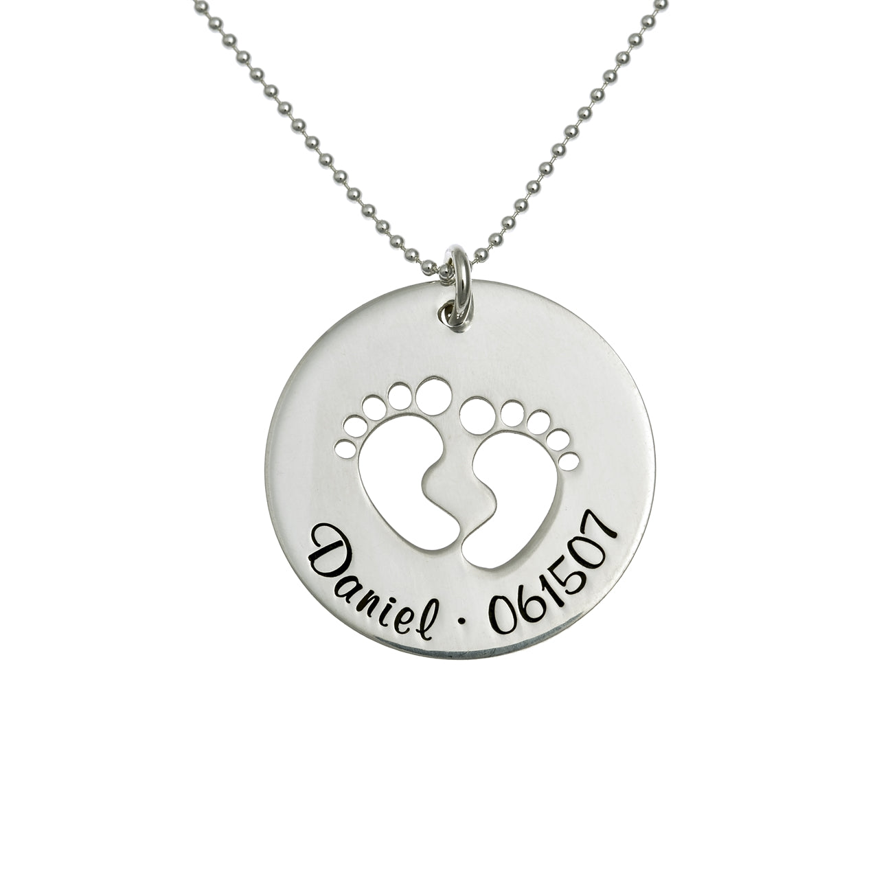 Personalized Mini Feet Name and Date Sterling Silver Necklace