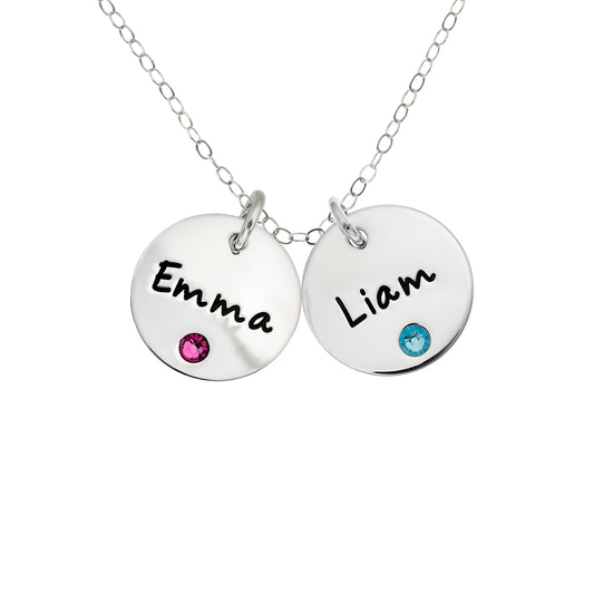 Personalized Sterling Silver Double Round Name Charm Necklace with Choice of Swarovski Birthstone Settings