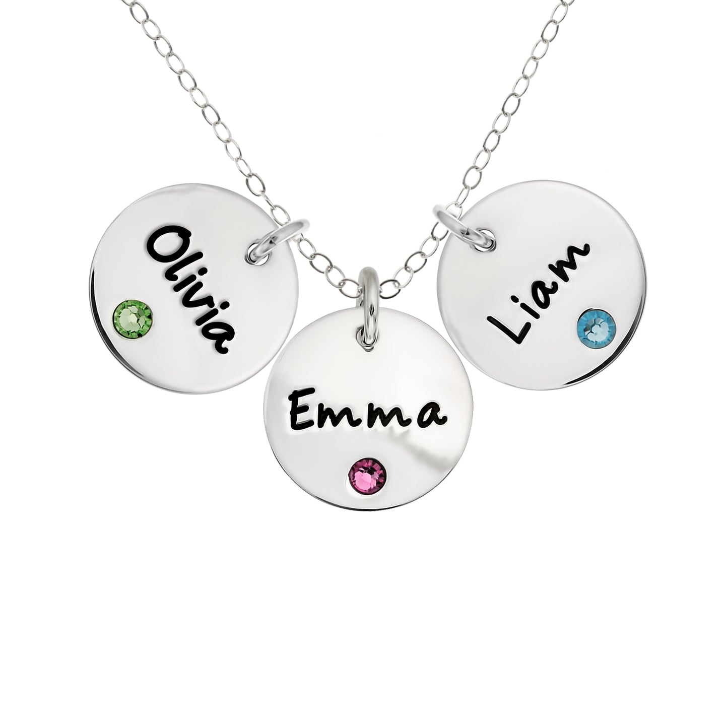 Personalized Sterling Silver Triple Round Name Charm Necklace with Choice of Swarovski Birthstone Settings