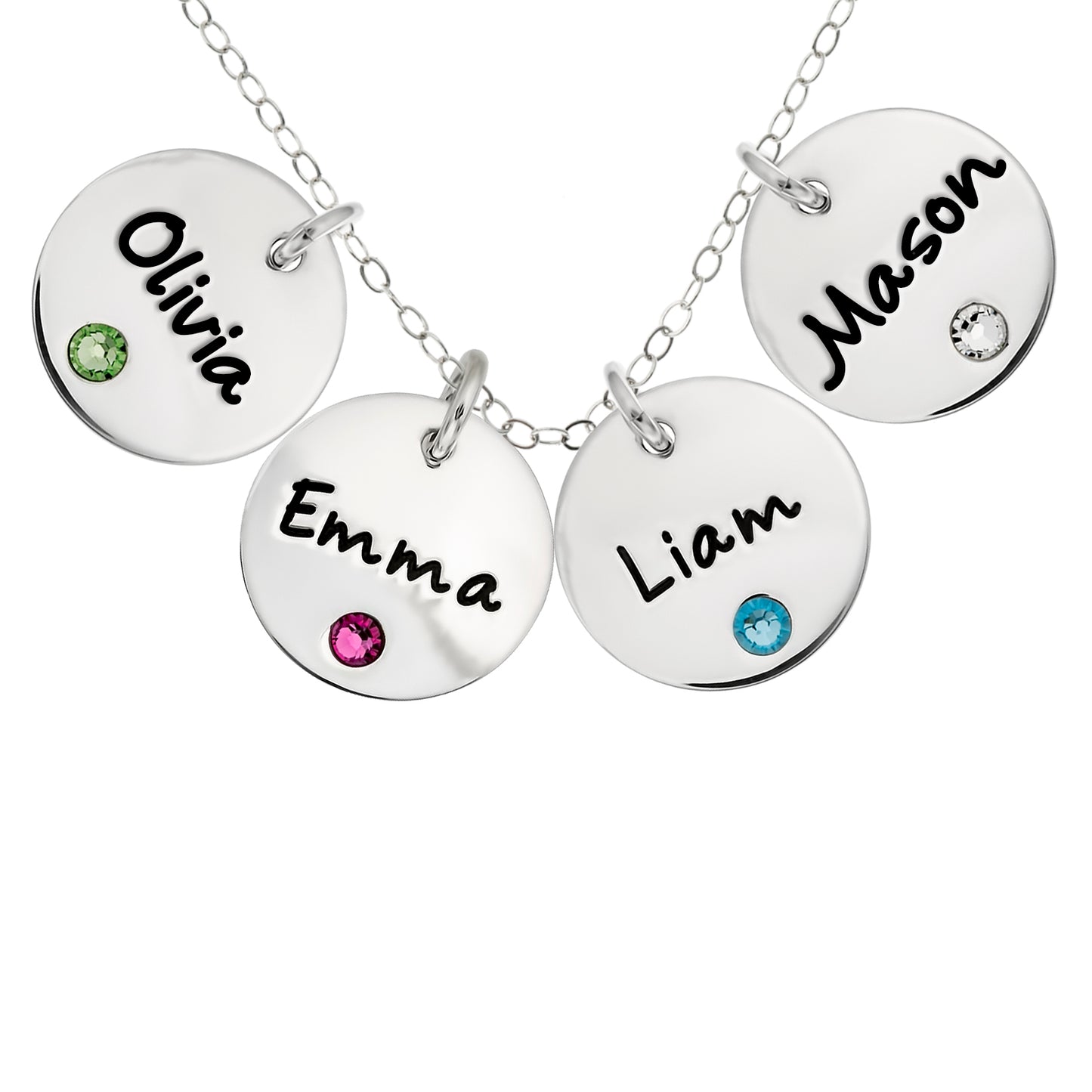 Personalized Sterling Silver Quadruple Round Name Charm Necklace with Choice of Swarovski Birthstone Settings
