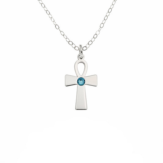 Petite Open Loop Cross Necklace With Birthstone Setting Sterling Silver Necklace